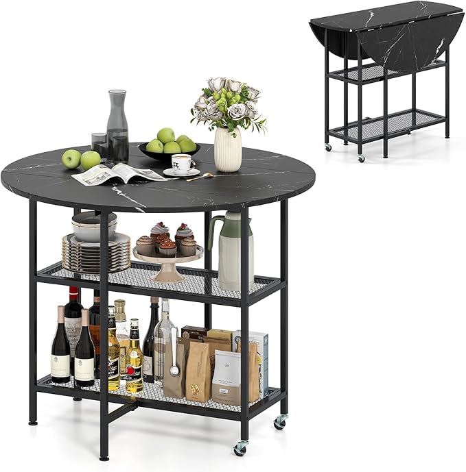 Giantex 40" Folding Dining Table with Lockable Wheels, Storage Shelves, Space-Saving Drop Leaf, Movable & Expandable Round Kitchen Table for Dinette Small Place Apartment Living Room (Black)