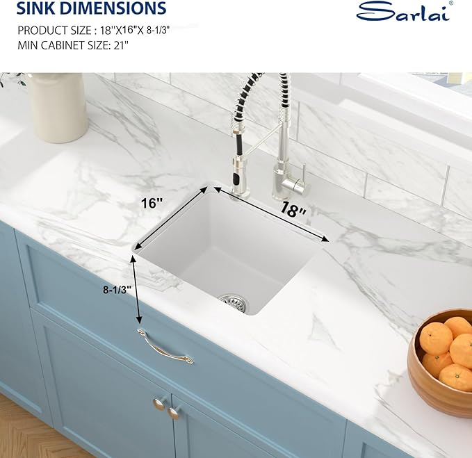 Sarlai White Kitchen Sink Granite Composite - 18 x 16 inch Bar Prep Sink White Granite Composite Quartz Undermount Single Bowl Rectangular RV Camper Sinks Basin