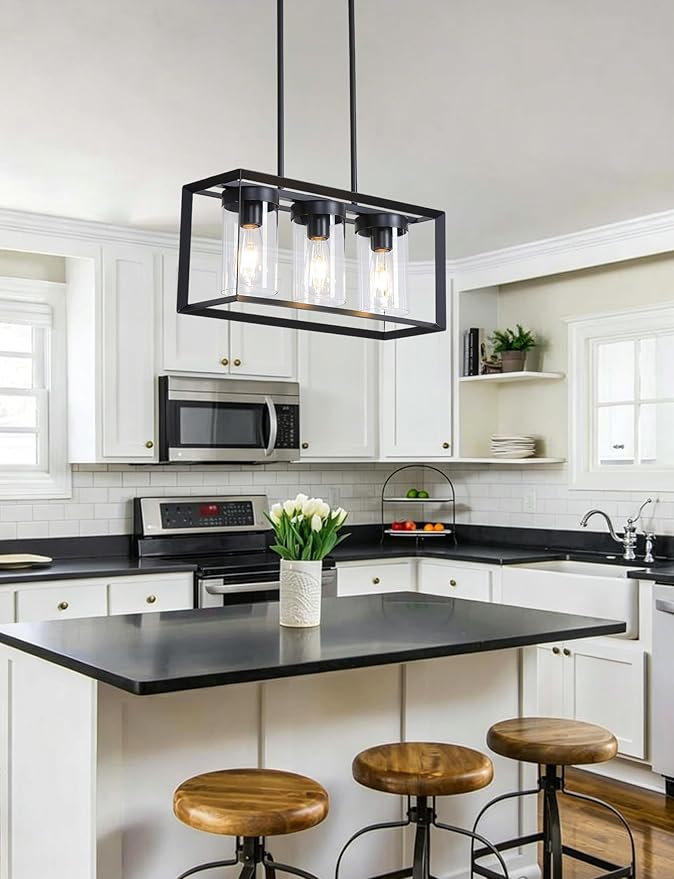 Black Rectangle Farmhouse Chandeliers, 3-Light Modern Linear Dining Room Light Fixture with Clear Glass Shades, Kitchen Island Lighting Fixtures Over Table Ceiling Hanging Pendant Lights