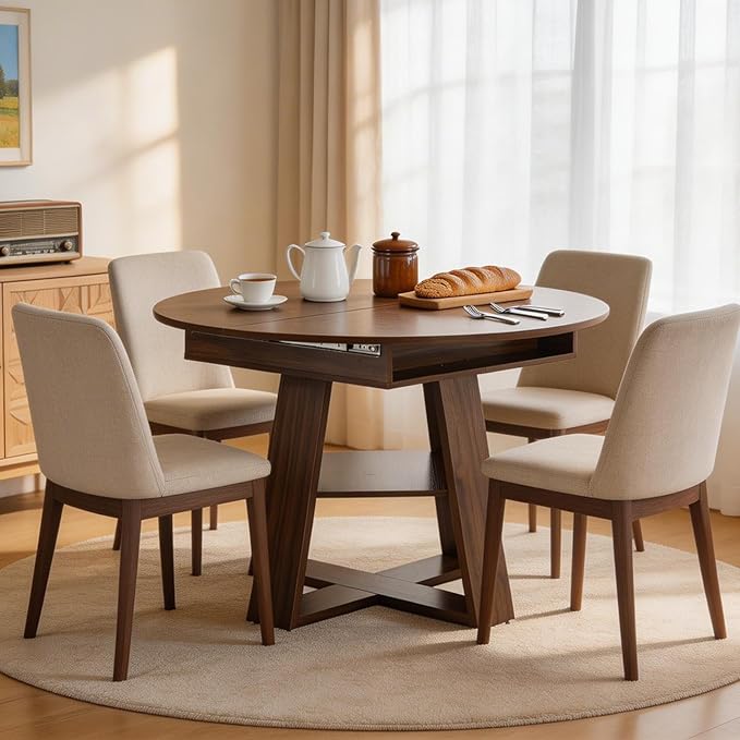 Zevemomo 43"-59" Extendable Dining Room Table for 4-6(Table only), Expandable Round Dining Table, Oval Tabletop with Cross-Shaped Base for Office, Living Room-Dark Brown