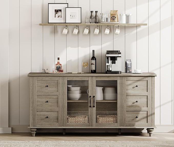 WAMPAT Farmhouse Sideboard Buffet Cabinet with Glass Door & Adjustable Shelf, Wooden Coffee Bar Table with Solid Wood Leg, Kitchen Storage Cabinet for Dining Room, Grey, 58 Inch