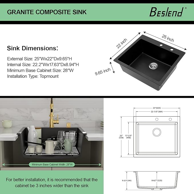 25 Granite Composite Kitchen Sink - Beslend 25x22 Inch Drop In Granite Kitchen Sink Topmount Black Quartz Sinks Classic Above Counter Single Bowl Basin