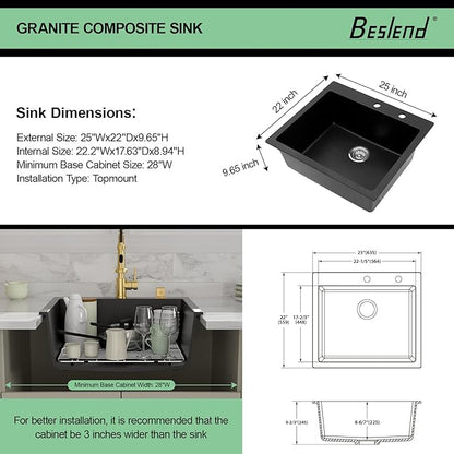 25 Granite Composite Kitchen Sink - Beslend 25x22 Inch Drop In Granite Kitchen Sink Topmount Black Quartz Sinks Classic Above Counter Single Bowl Basin