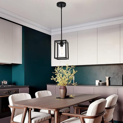 Kitchen Pendant Lighting Over Island, 1-Light Matte Black Farmhouse Pendant Light Fixtures, Rectangle Linear Metal Hanging Lighting Fixture with Clear Glass Shade for Dining Room Entryway Hallway