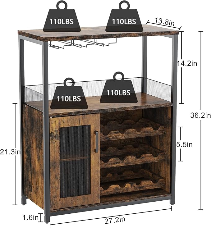 GAOMON Coffee Wine Bar Cabinet with Storage and Detachable Rack, Farmhouse Sideboard and Buffet Cabinet with Glass Holder and Mesh Door, Liquor Coffee Bar Cupboard, Rustic Brown