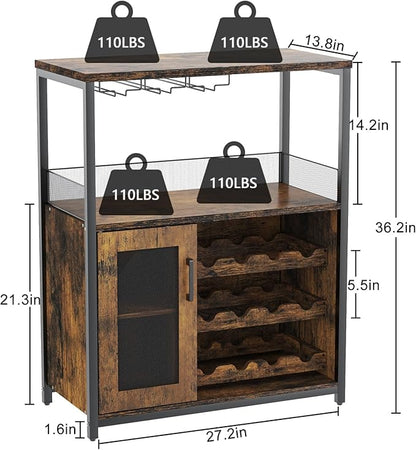 GAOMON Coffee Wine Bar Cabinet with Storage and Detachable Rack, Farmhouse Sideboard and Buffet Cabinet with Glass Holder and Mesh Door, Liquor Coffee Bar Cupboard, Rustic Brown