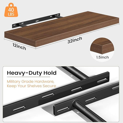 12 Inch Deep Floating Shelves, 32W x 12D Floating Shelf for Books, Rustic Wood Deep Wall Shelves for Home Storage & Display, 1.5" Thicked Shelves for Kitchen, Living Room, Bedroom, Walnut, 2 Pack