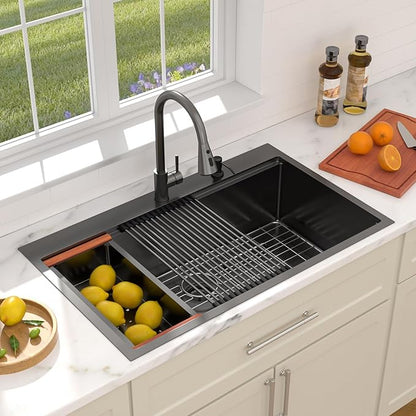 Dcolora 36 Inch Black Kitchen Sink,Drop In Kitchen Sink With Faucet Topmount Large Stainless Steel Workstation Single Bowl Nano Coating Surface Gunmetal Black, DC-SFDOE00006