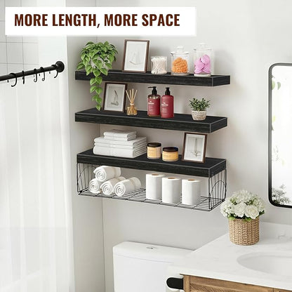 3 Pack Bathroom Shelves 24 inches Long Over Toilet, Wall Mounted Rustic Wood Floating Shelves for Bathroom, Toilet Paper Storage, Small Farmhouse Decor Hanging Shelf for Living Room, Kitchen, Black