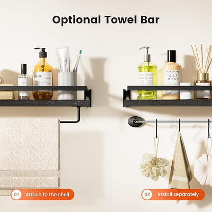 AMADA HOMEFURNISHING Bathroom Shelves with Towel Bar, Floating Shelves, Wall Shelves for Bathroom/Living Room/Kitchen/Bedroom, Black, Set of 2 - AMFS01B