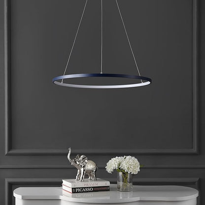 JONATHAN Y 23.75" Navy Modern Integrated LED Pendant Light, Dimmable Round Hoop Chandelier for Kitchen Island, Dining Room, Adjustable Height Metal Hanging Light (JYL7203F)
