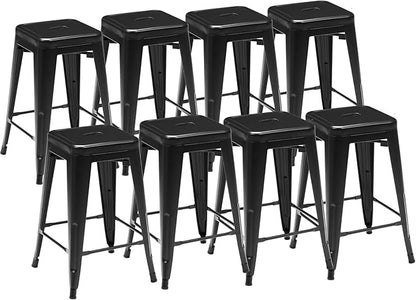 Sweetcrispy Metal Bar Stools Set of 8, 24 Inch Stackable Restaurant Classic Trattoria Metal Chairs, Backless Counter Height Barstool Chairs for Dining Room, Kitchen Island, Indoor Outdoor Use, Inky