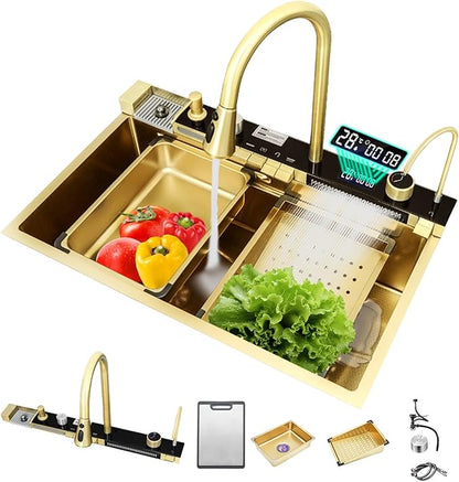 Sinks Countertop or Embedded Single Bowl Stainless Steel Kitchen Sink with Drain basket, cutting board, vegetable sink, multi-function pull-out faucet set (Gold, 33.4x18x9 In)