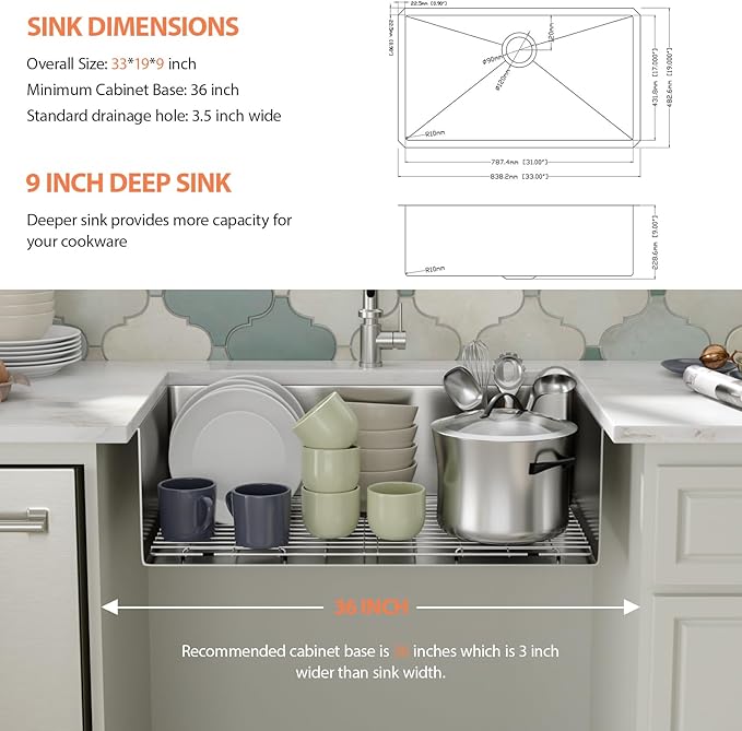 33 Inch Undermount Kitchen Sink - Fuyuoer 33x19 Inch Under Counter 16 Gauge Stainless Steel Single Bowl, 9'' Deep Basin with Round Corners