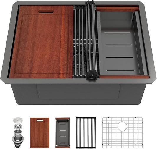 Sarlai 25 Inch Black Kitchen Sink Undermount - 25"x19" Undermount Sink Ledge Workstation Stainless Steel Gunmetal Black 16 Gauge Deep Single Bowl Under Counter Kitchen Sinks with Accessories