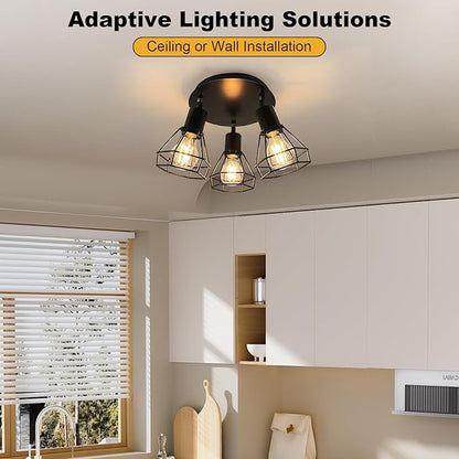 HiBay LED Track Lighting Fixtures, 3-Light Adjustable Directional Ceiling Light, Black Geometric Metal Cage Industrial Spotlight Indoor for Kitchen, Dining, Bedroom, E26 Base (Bulbs Not Included)