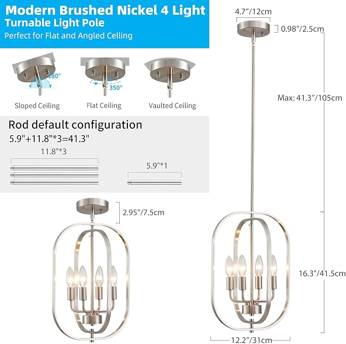 XINGQI 12.2" Modern Brushed Nickel Chandelier Farmhouse 4-Light for Dining Room Small Geometric Adjustable Rustic Pendant Lighting Fixture for Entryway Living Room Kitchen Foyer