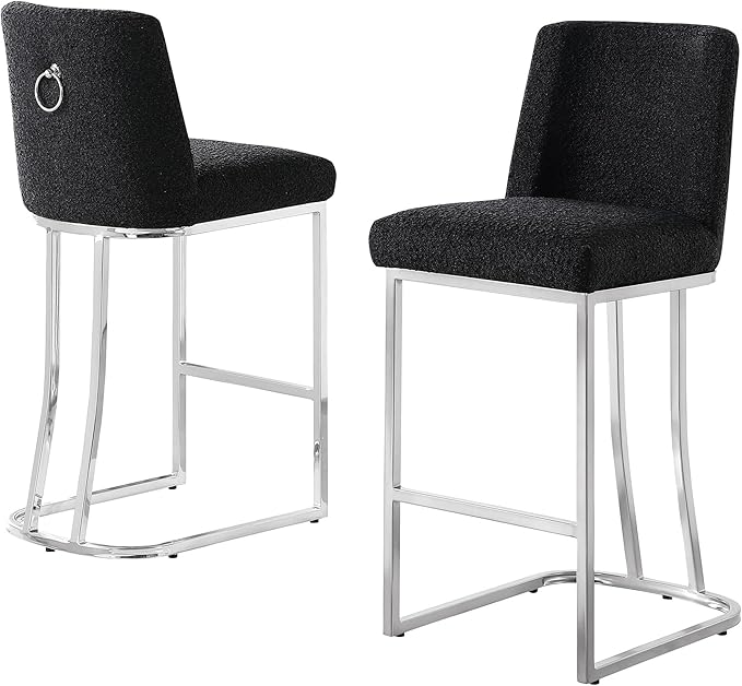 Modern Chairs Set of 2, Chrome Side Chairs & Counter Stools with Ring Pull Back, Luxury Upholstered Chairs for Kitchen Island, Dining Room & Home Bar (Velvet, Black/Silver, Counter Height Chair)
