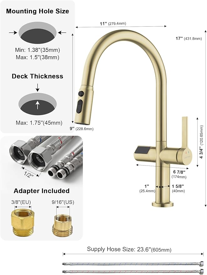 Lefton Touchless Pull-Out Kitchen Faucet, Hands Free Motion Sensor Activated, Battery-Free Temperature Display, KF2206 (Contemporary, Brushed Gold)