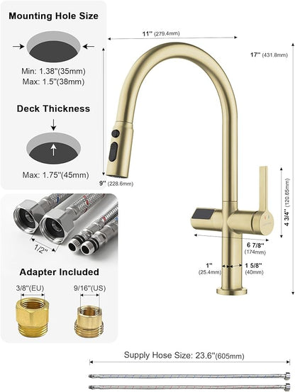 Lefton Touchless Pull-Out Kitchen Faucet, Hands Free Motion Sensor Activated, Battery-Free Temperature Display, KF2206 (Contemporary, Brushed Gold)