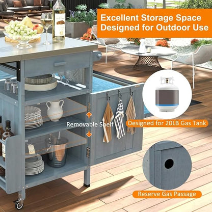 Casaphoria 40.5" Outdoor BBQ Grill Cart, Stainless Steel Top Rolling Outdoor Kitchen Cart Flip Board, Fir Wood Bar Carts with Towel Holder, Lockable Wheels for Patio Lawn Garden,Blue