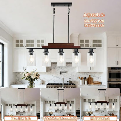 COTULIN 5-Light Farmhouse Kitchen Island Lighting, Dining Room Light Fixture, Rustic Wood Linear Chandelier Hanging, Black Pendant Light with Adjustable Rods and Clear Glass Shades