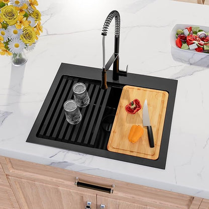 28 Inch Black Drop In Kitchen Sink, 16 Gauge Stainless Steel Single Bowl Topmount Kitchen Sink With All Accessories, 28"x22"x9" Workstation Sink