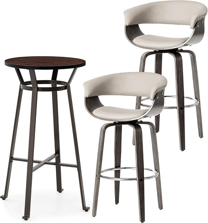 Glitzhome Bar Table and Chairs, Gray PU Leather Adjustable Swivel Bar Stools Set of 2, Square Black Cocktail Pub Table for Kitchen Island Bistro Office Living Room Dining Room Small Space Restaurant