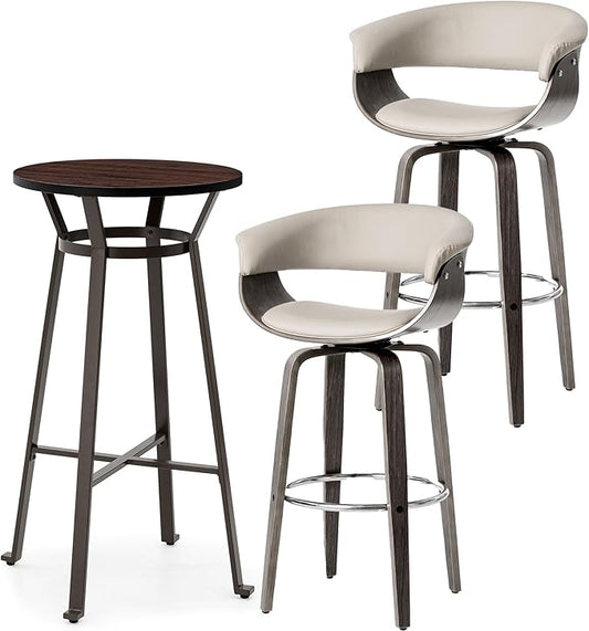 Glitzhome Bar Table and Chairs, Gray PU Leather Adjustable Swivel Bar Stools Set of 2, Square Black Cocktail Pub Table for Kitchen Island Bistro Office Living Room Dining Room Small Space Restaurant