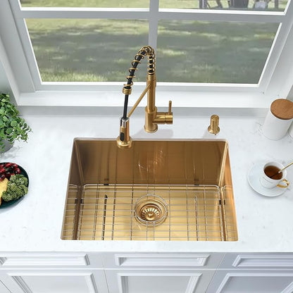 Undermount Gold Laundry Sink-Bokaiya 24"x18"x12" Gold Stainless Steel Laundry Room Sink Outdoor Utility 16 Gauge Single Bowl Kitchen Sink with Faucet Combo