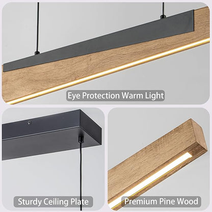 EDISLIVE 49.2 in Wood Linear LED Pendant Light Modern Dimmable LED Chandelier Adjustable Linear Hanging Light Fixture 3000K 25W Island Light for Dinning Room Kitchen Black Wood Tilted