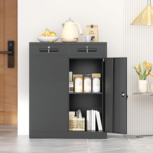 INTERGREAT Metal Garage Storage Cabinets with Lock,Steel Storage Cabinet with 2 Doors and 2 Adjustable Shelves, Small Lockable Office Steel Cabinet for Home, Warehouse, School(Black)
