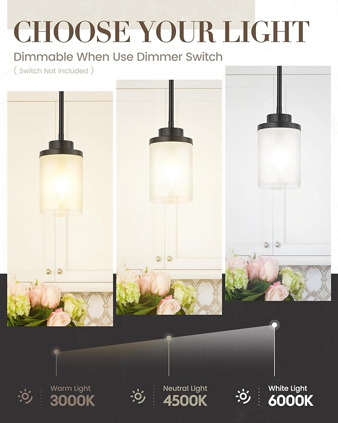 TENGXIN Modern Pendant Light, 6 Inch Matte Black Pendant Lights Kitchen Island,Farmhouse Pendant Lighting for Dining Room Bedroom Bar Office,TXPLBK01-L