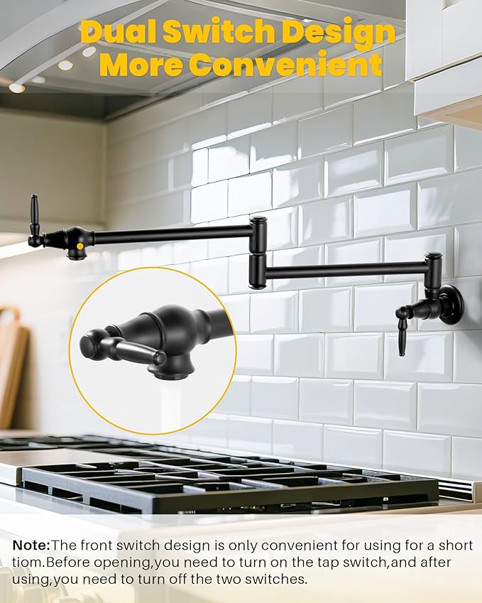 Pot Filler Faucet Matte Black: Solid Brass Wall Mount Heavy Duty Stove Pot Filler with Double Joint Swing Arms - Single Hole Commercial Folding Stretchable Faucet 2 Handles for Kitchen Restaurant