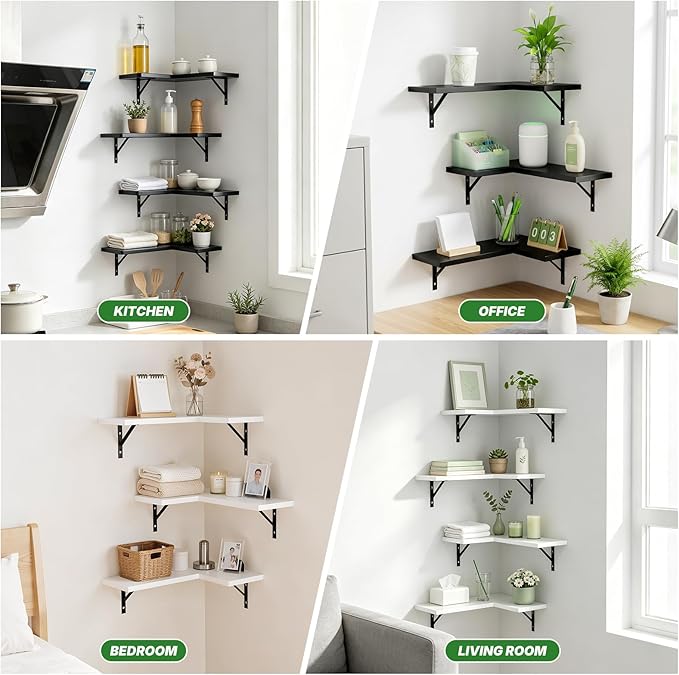NATURE'S SOURCE Corner Floating Shelves Set of 4, Corner Shelves Wall Mounted, for Bedroom Kitchen Living Room Bathroom Office- Modern Style (White, Set of 4)