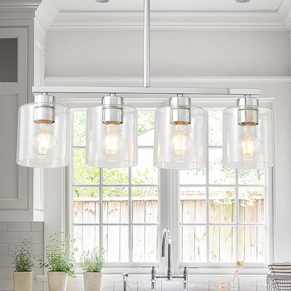 4-Light Kitchen Island Light Fixture, Silver Pendant Lights, Farmhouse Dining Room Light Fixtures Over Table, Modern Hanging Light Fixtures with Clear Glass, E26 Base, Bulbs Not Included