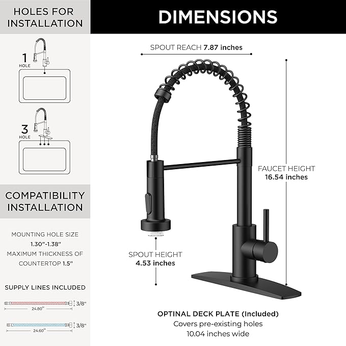 FORIOUS Black LED Kitchen Sink Faucet, Stainless Steel Kitchen Faucet with LED Light Sprayer, Commercial Transitional Single Handle Spring Faucet for Kitchen Sink, Bar & Prep Sinks, RV Camper