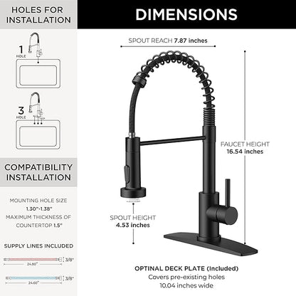 FORIOUS Black LED Kitchen Sink Faucet, Stainless Steel Kitchen Faucet with LED Light Sprayer, Commercial Transitional Single Handle Spring Faucet for Kitchen Sink, Bar & Prep Sinks, RV Camper