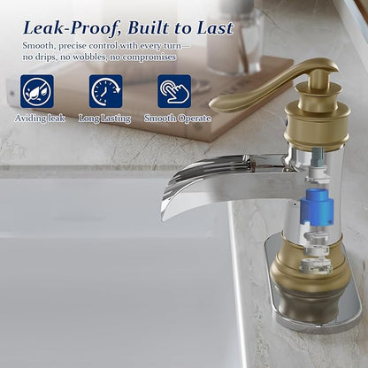 BWE Bathroom Faucet Waterfall Single Handle Chrome and Gold Vanity with Pop Up Drain Stopper with Overflow One Hole Lever Bath Sink Basin Restroom Mixer Tap Commercial Supply Line