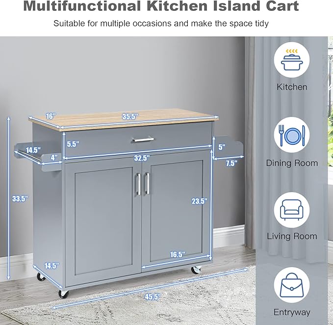 PETSITE Kitchen Island Cart with Storage Cabinet on Wheels, Spice Rack Towel Rack & Drawer (Grey)