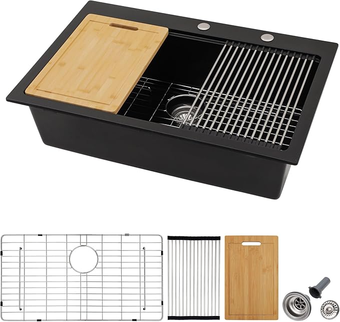 33 Granite Composite Kitchen Sink - Fulorni 33"x22" Granite Kitchen Sink Drop In Topmount Ledge Workstation ‎Matte Black Quartz Classic Above Counter Single Bowl Sink Basin