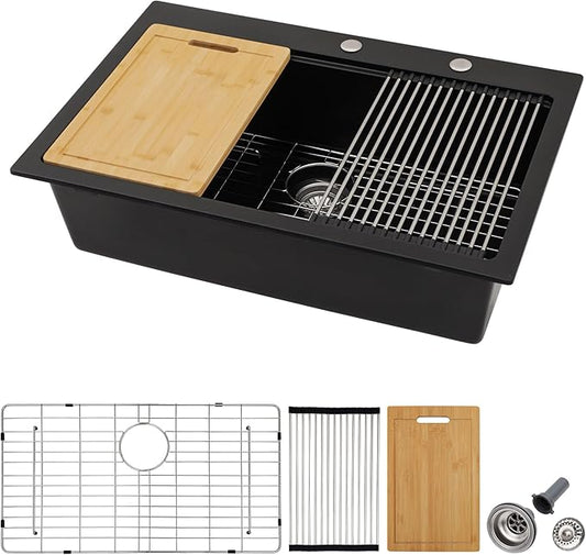 33 Granite Composite Kitchen Sink - Fulorni 33"x22" Granite Kitchen Sink Drop In Topmount Ledge Workstation ‎Matte Black Quartz Classic Above Counter Single Bowl Sink Basin