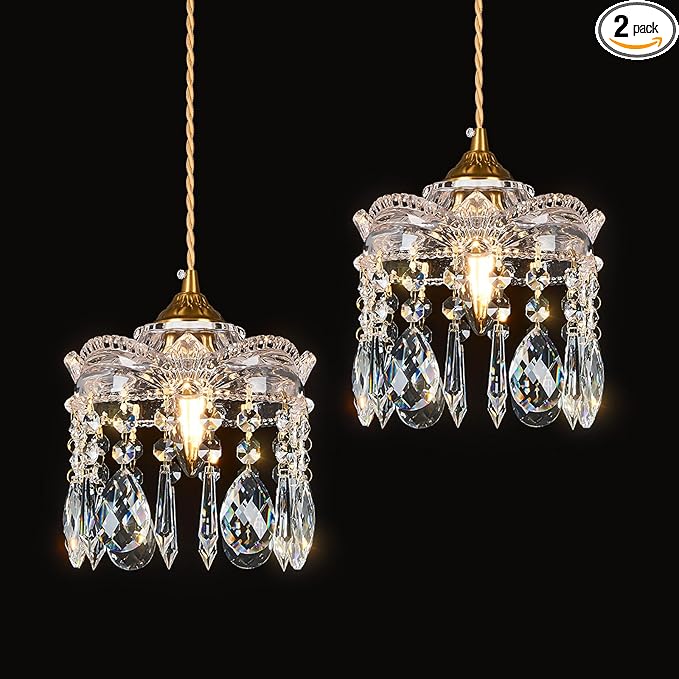 Brass Vintage Glass Pendant Light Crystal Pendant Lights Kitchen Island,Adjustable Height Pendant Lighting for Dining Room Farmhouse Living Room(2-Pack)
