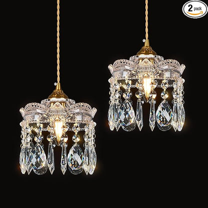 Brass Vintage Glass Pendant Light Crystal Pendant Lights Kitchen Island,Adjustable Height Pendant Lighting for Dining Room Farmhouse Living Room(2-Pack)