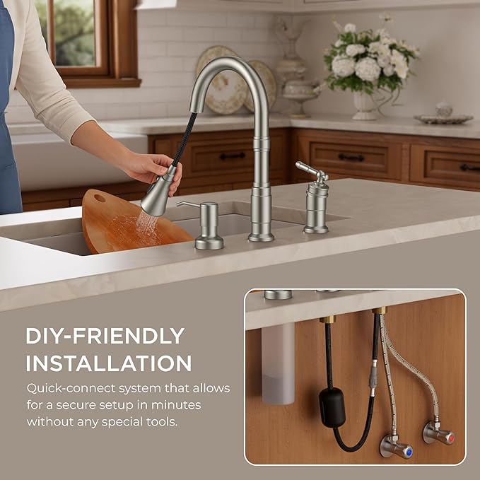 FORIOUS 3 Hole Kitchen Faucet with Soap Dispenser, Brushed Nickel Stainless Steel Vintage Pull Down Sprayer Kitchen Sink Faucet with Single Seperate Handle, Suitable for Farmhouse Outdoor Rv Bar
