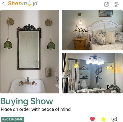 Shenmoyl Battery Operated Wall Sconce with Green Tulip Shade Pattern Glass Adjustable Chain Retro Gold Wall Mounted Light, Modern Wall Lamp Fixtures Decor for Bedside Bedroom Indoor Doorway