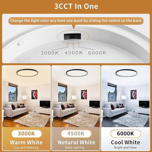LED Flush Mount Ceiling Lights Dimmable 12Inch 3200LM 24Watt, 3000K 4500K 6000K, Low Profile Surface Mount Slim Light Fixtures Black, Thin Flat LED Panel Lights for Bedroom Bathroom Hallway, 4 Packs