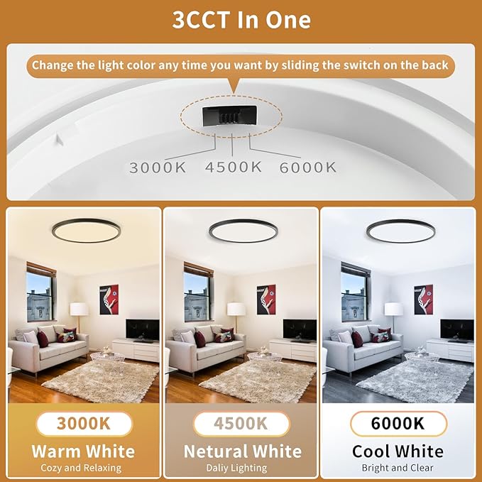 3200LM Flush Mount Ceiling Light Fixtures Black 12Inch, Dimmable LED Ceiling Lights for Bedroom, CCT Adjustable 3000K 4500K 6000K, Bright Low Profile Flat Ceiling Lights for Kitchen Bathroom, 2 Packs