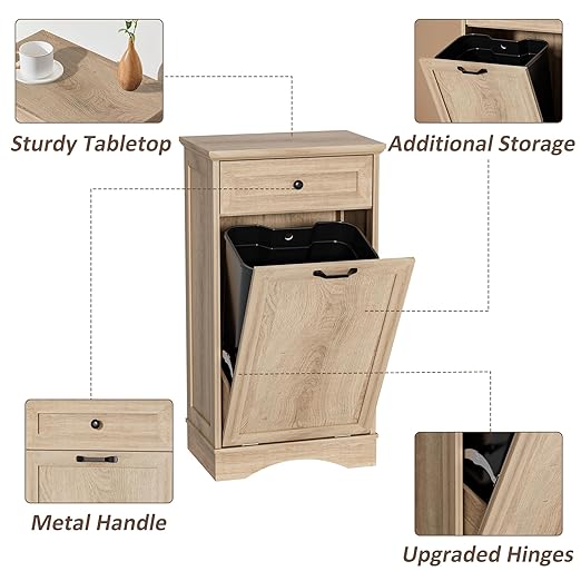 13 Gallons Tilt Out Trash Cabinet Freestanding Kitchen Trash Bin Cabinet Wood Garbage Recycling Cabinet with Hideaway Drawer Pet Proof Trash Can Holder for Kitchen Living Room, Natural