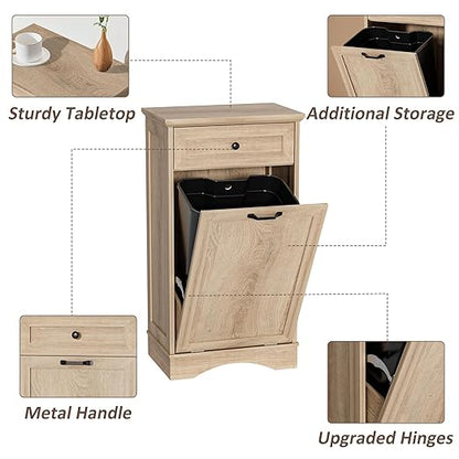 13 Gallons Tilt Out Trash Cabinet Freestanding Kitchen Trash Bin Cabinet Wood Garbage Recycling Cabinet with Hideaway Drawer Pet Proof Trash Can Holder for Kitchen Living Room, Natural
